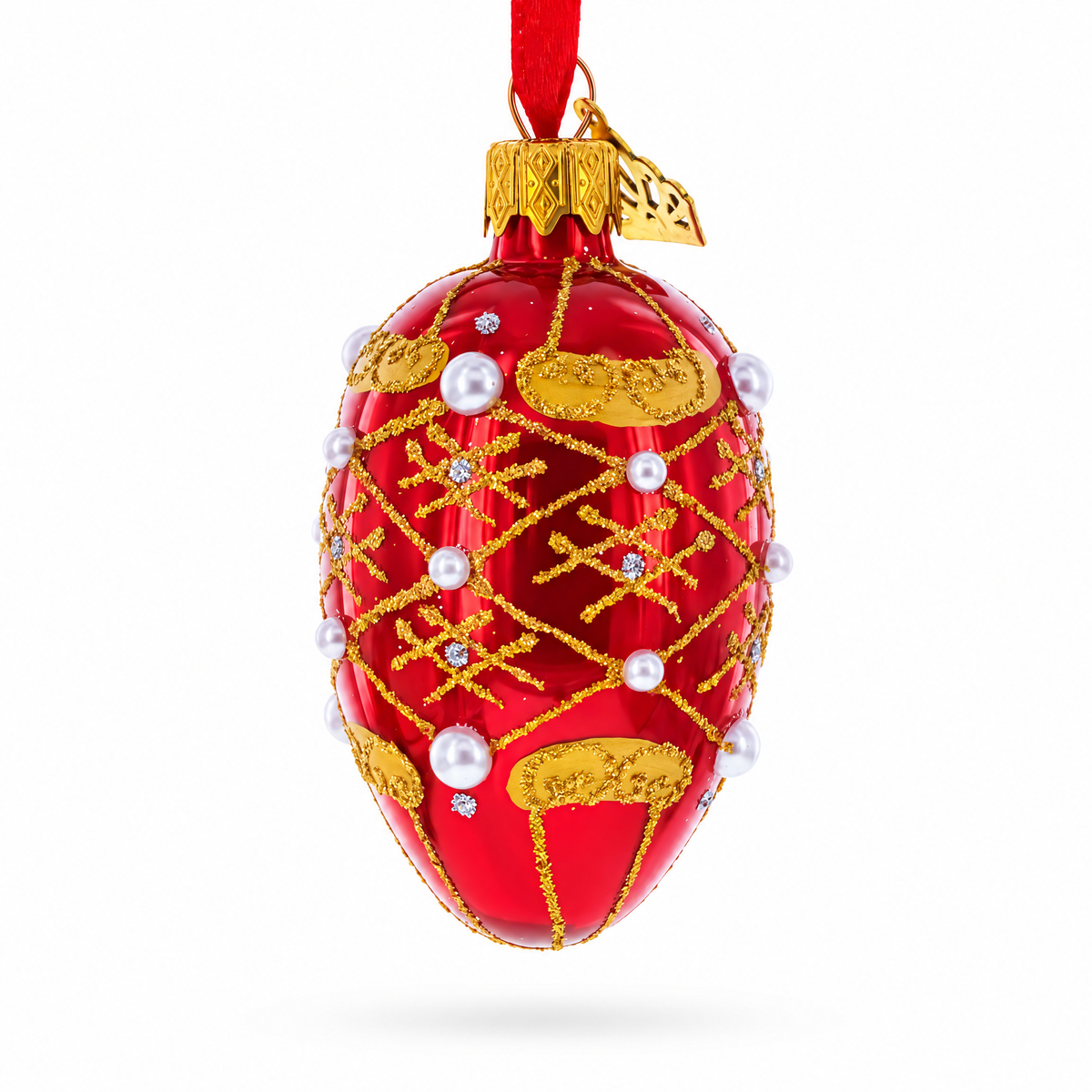 Red with Gold Glitter, Pearl Accents, and Floral Design Mini Glass Egg Ornament 2.9 Inches