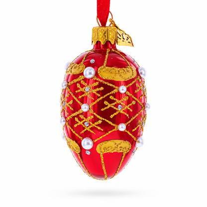 Red with Gold Glitter, Pearl Accents, and Floral Design Mini Glass Egg Ornament 2.9 Inches