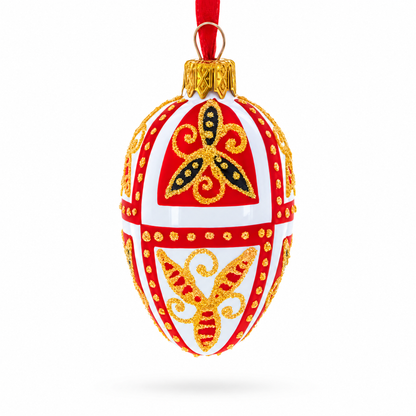 Red & Gold on White Floral Design Mini Glass Egg Ornament 2.9 Inches