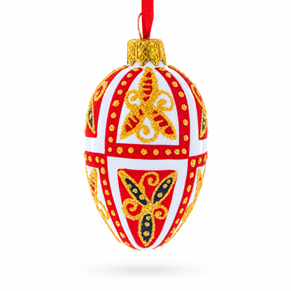 Red & Gold on White Floral Design Mini Glass Egg Ornament 2.9 Inches