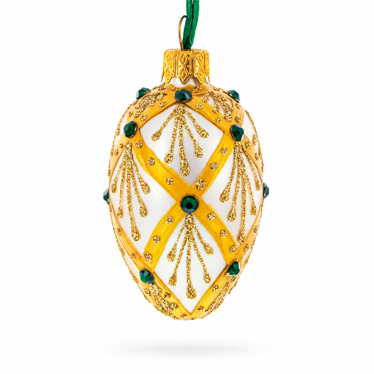 Beige & Emerald Jewel Accented Mini Glass Egg Ornament 2.9 Inches