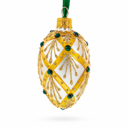 Beige & Emerald Jewel Accented Mini Glass Egg Ornament 2.9 Inches