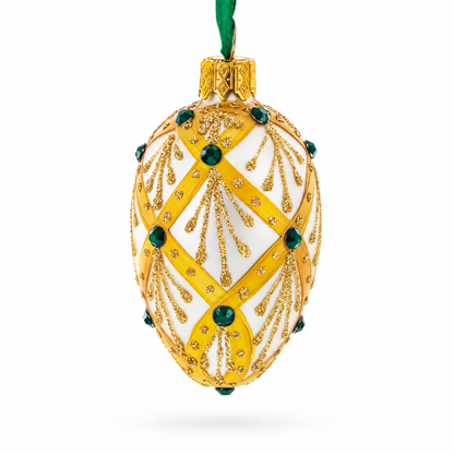 Beige & Emerald Jewel Accented Mini Glass Egg Ornament 2.9 Inches
