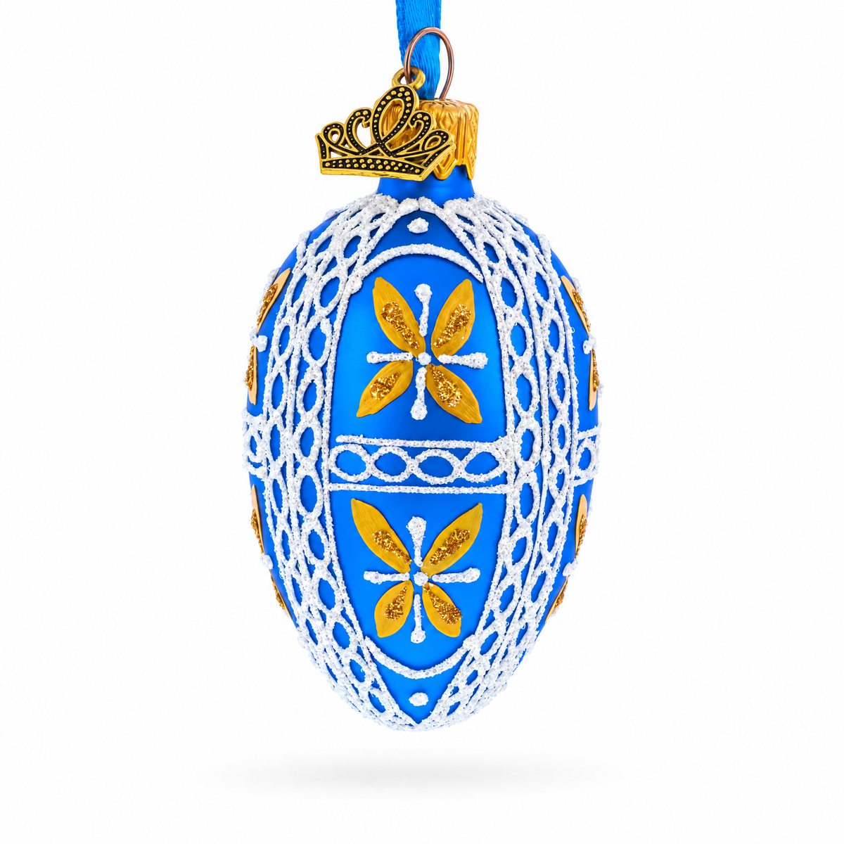 Royal Blue & Gold Floral Lace Mini Glass Egg Ornament 2.9 Inches