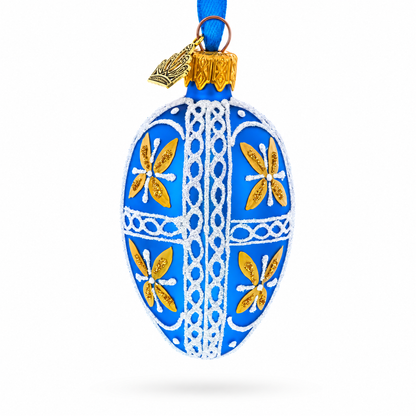 Royal Blue & Gold Floral Lace Mini Glass Egg Ornament 2.9 Inches