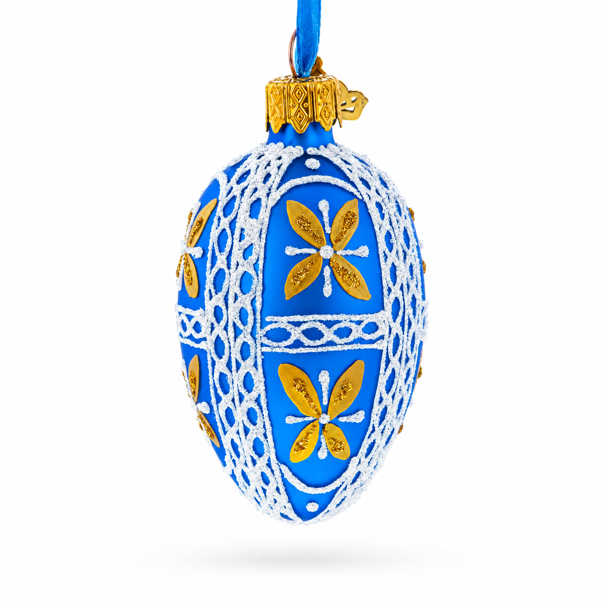 Royal Blue & Gold Floral Lace Mini Glass Egg Ornament 2.9 Inches