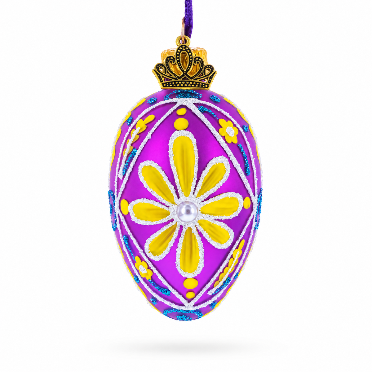 Vibrant Purple & Yellow Pearl Accented Mini Glass Egg Ornament 2.9 Inches