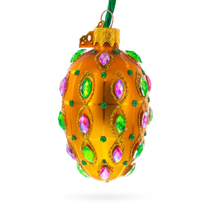 Golden Amber with Pink & Green Jewel Accents Mini Glass Egg Ornament 2.9 Inches