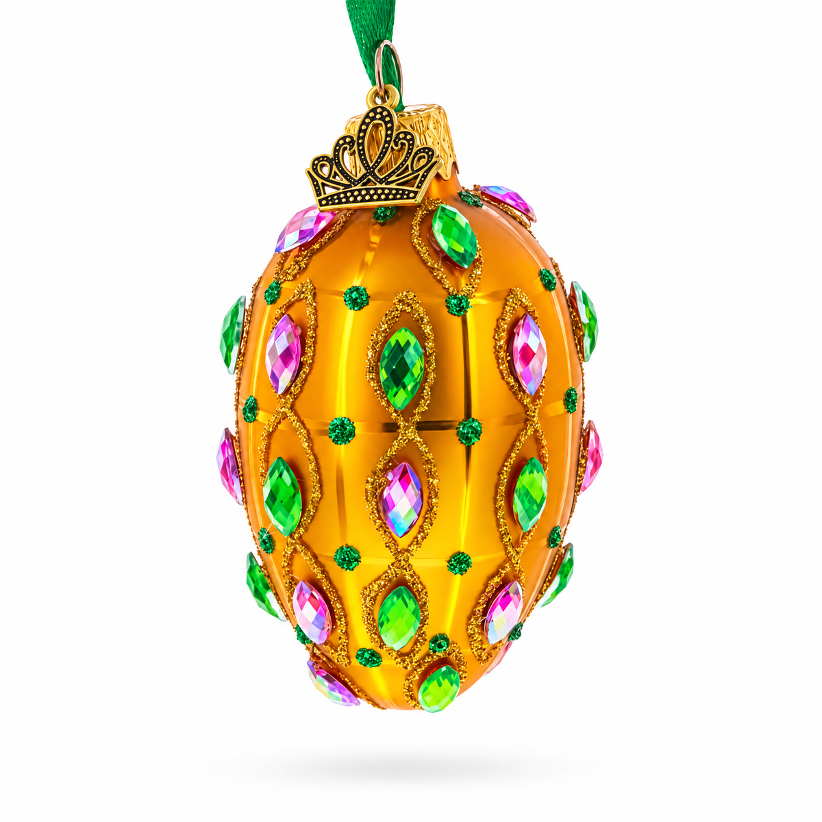 Golden Amber with Pink & Green Jewel Accents Mini Glass Egg Ornament 2.9 Inches
