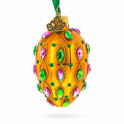 Golden Amber with Pink & Green Jewel Accents Mini Glass Egg Ornament 2.9 Inches