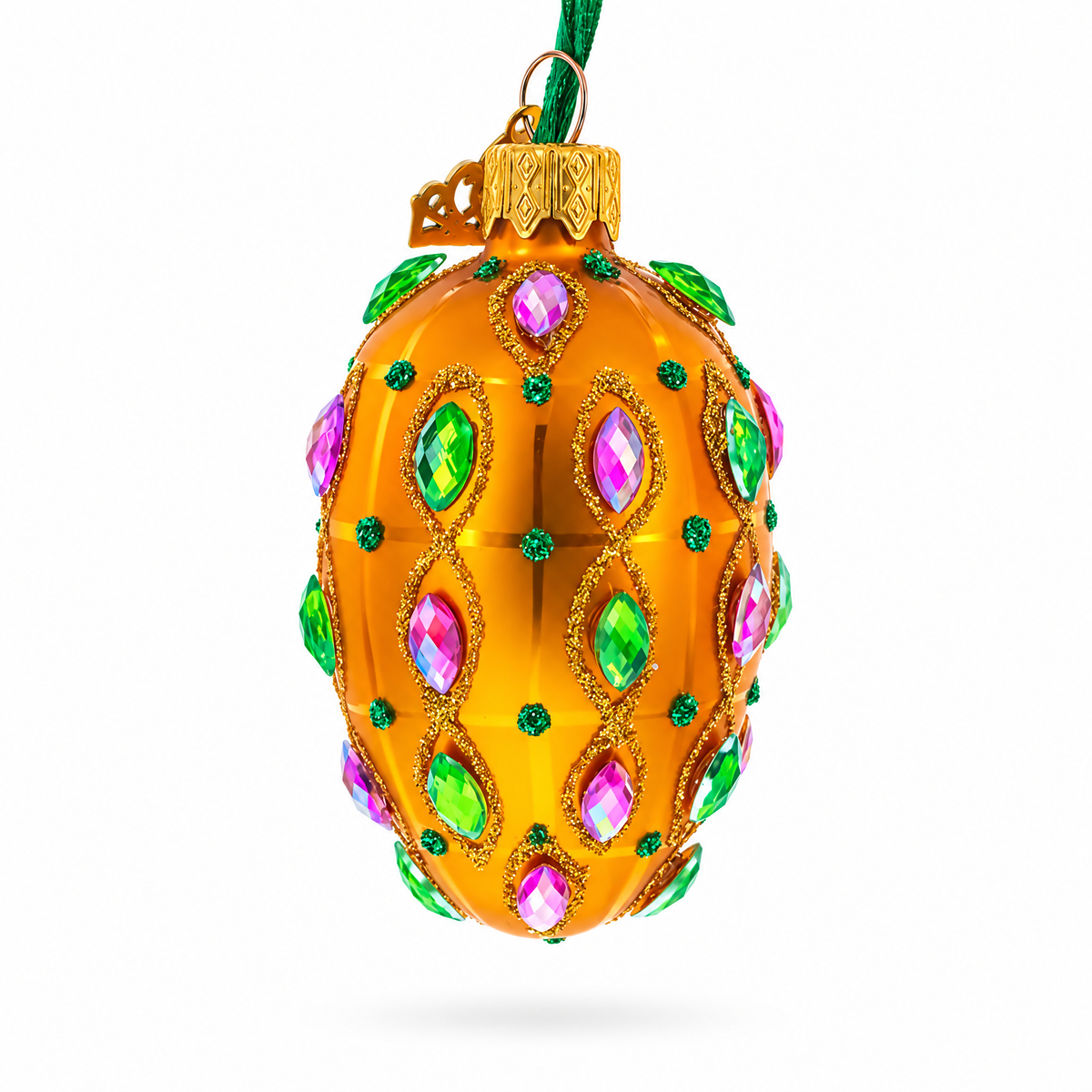 Golden Amber with Pink & Green Jewel Accents Mini Glass Egg Ornament 2.9 Inches