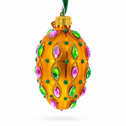 Golden Amber with Pink & Green Jewel Accents Mini Glass Egg Ornament 2.9 Inches