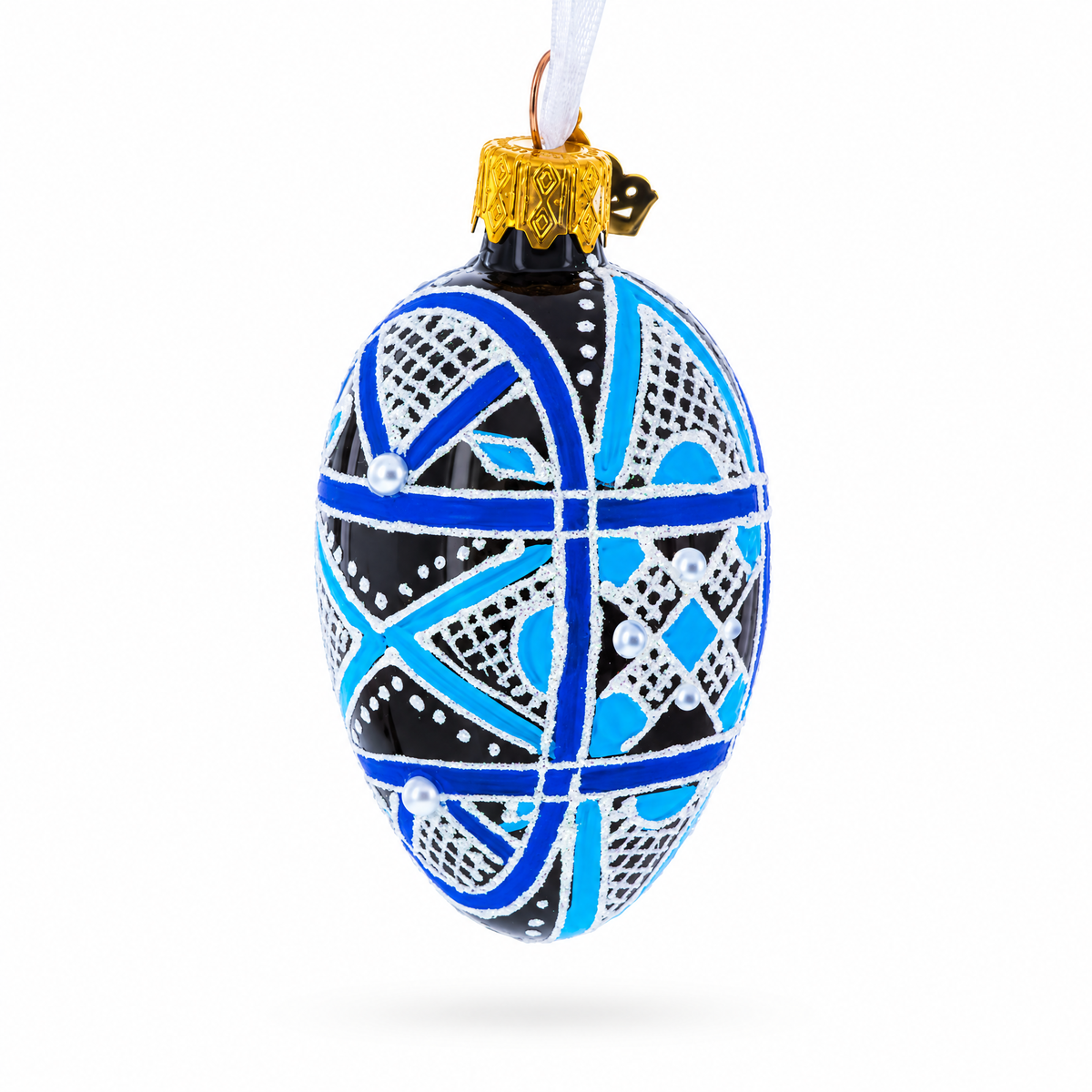 Ukrainian Geometric Blue on Purple Mini Glass Egg Ornament 2.9 Inches