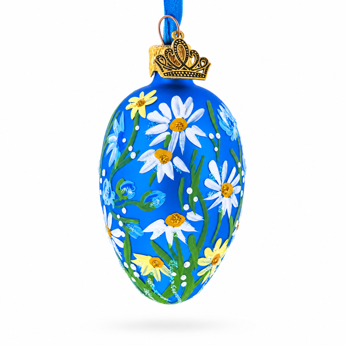 Cobalt Blue with White Daisy Floral Mini Glass Egg Ornament 2.9 Inches