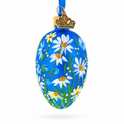 Cobalt Blue with White Daisy Floral Mini Glass Egg Ornament 2.9 Inches