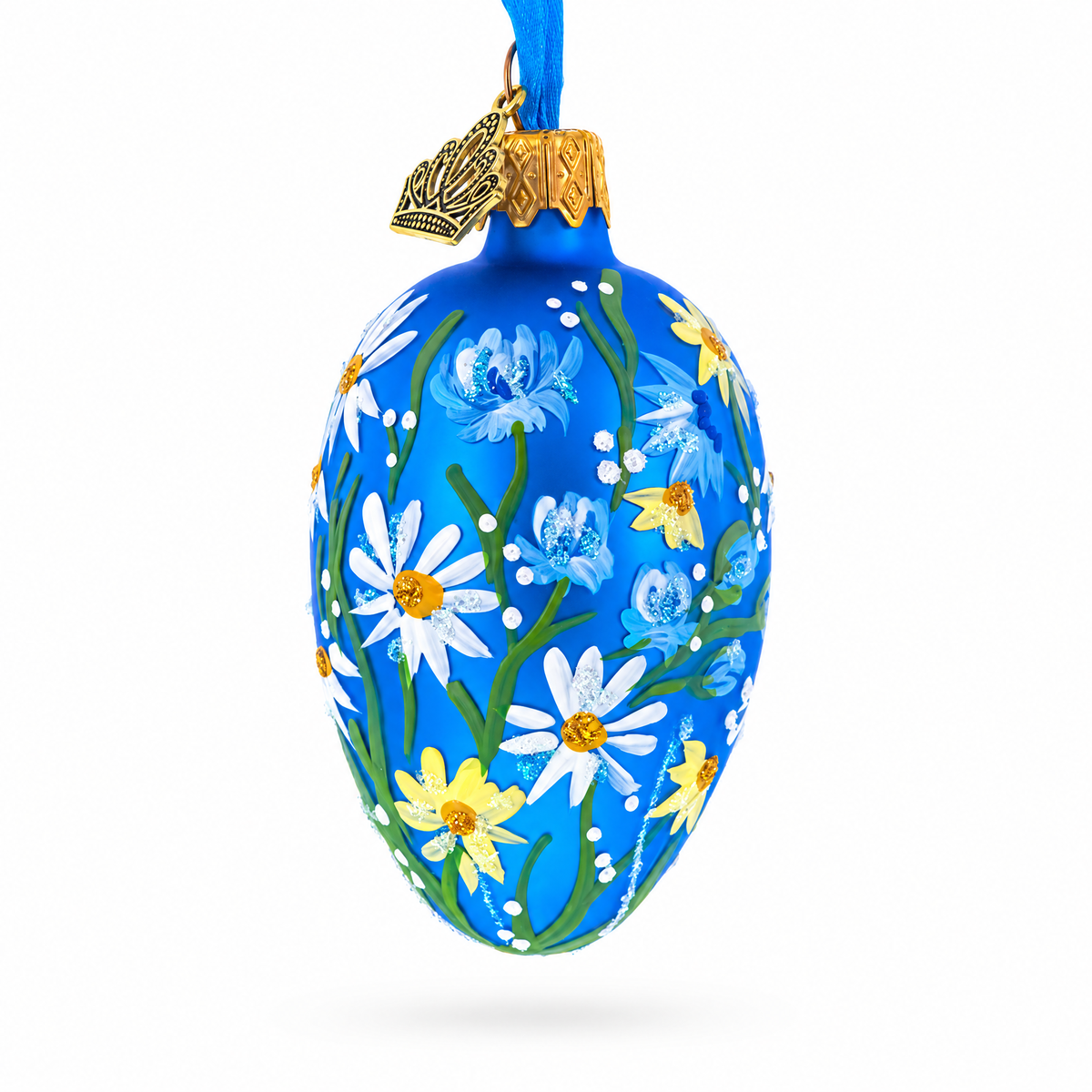 Cobalt Blue with White Daisy Floral Mini Glass Egg Ornament 2.9 Inches