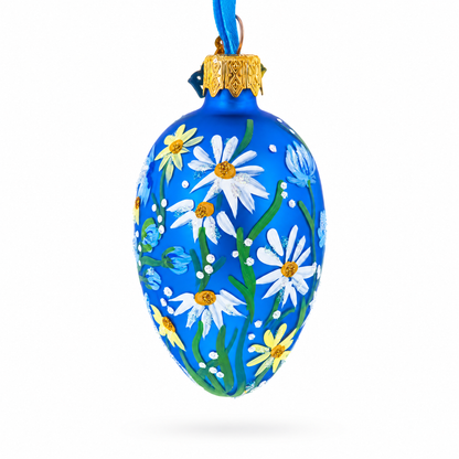 Cobalt Blue with White Daisy Floral Mini Glass Egg Ornament 2.9 Inches