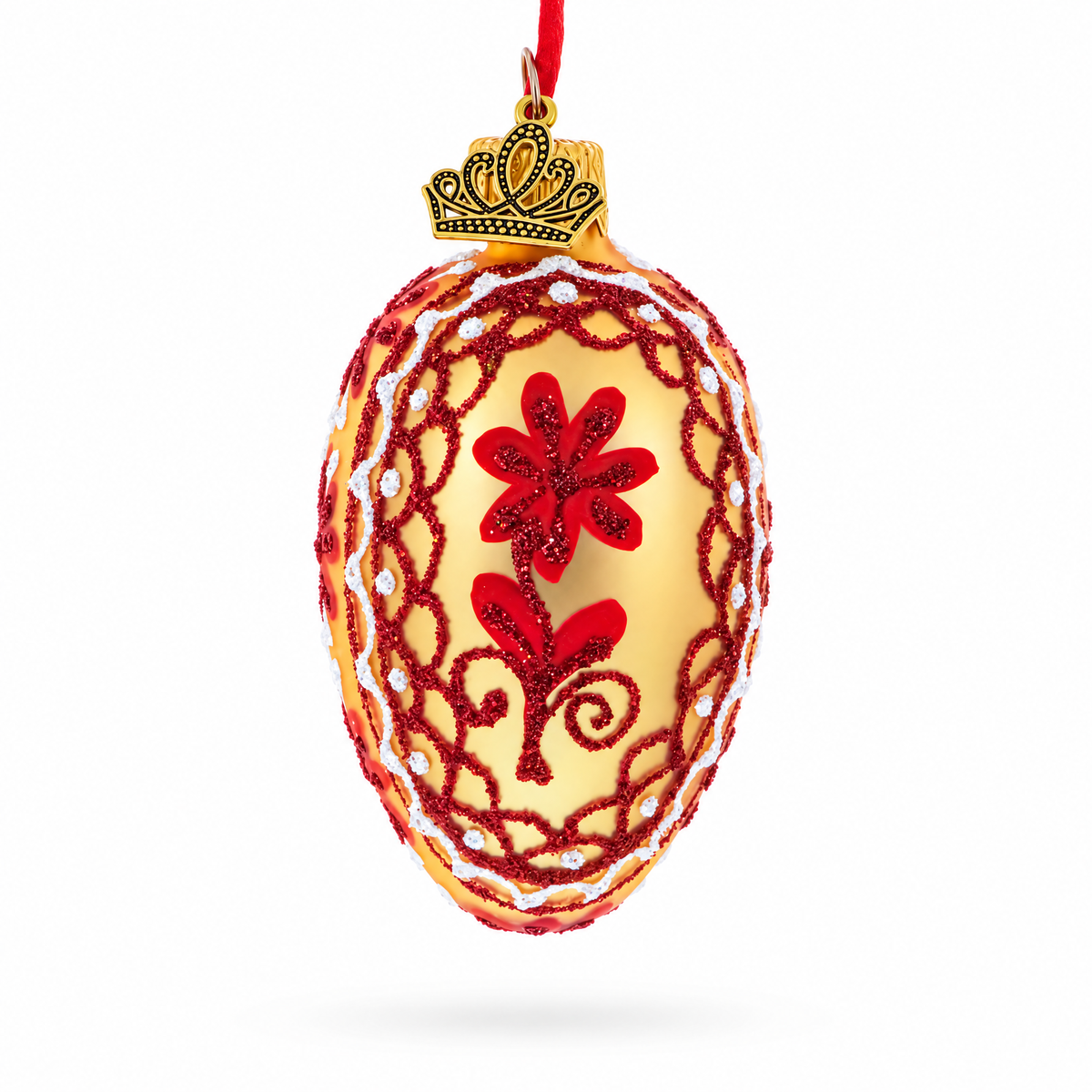 Cream with Red Floral and Lace Accents Mini Glass Egg Ornament 2.9 Inches