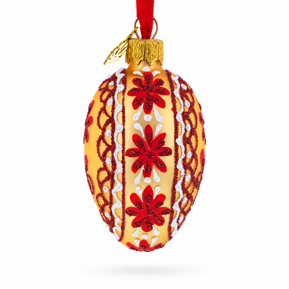 Cream with Red Floral and Lace Accents Mini Glass Egg Ornament 2.9 Inches