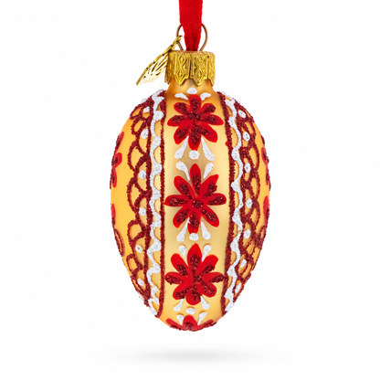 Cream with Red Floral and Lace Accents Mini Glass Egg Ornament 2.9 Inches