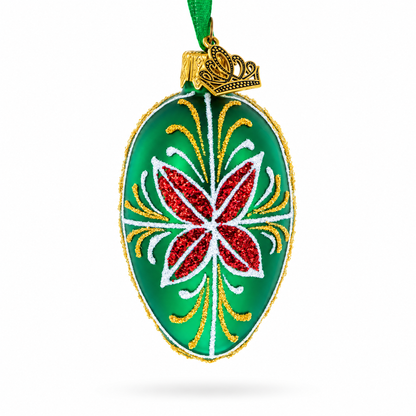 Emerald Green with Red and Gold Floral Mini Glass Egg Ornament 2.9 Inches