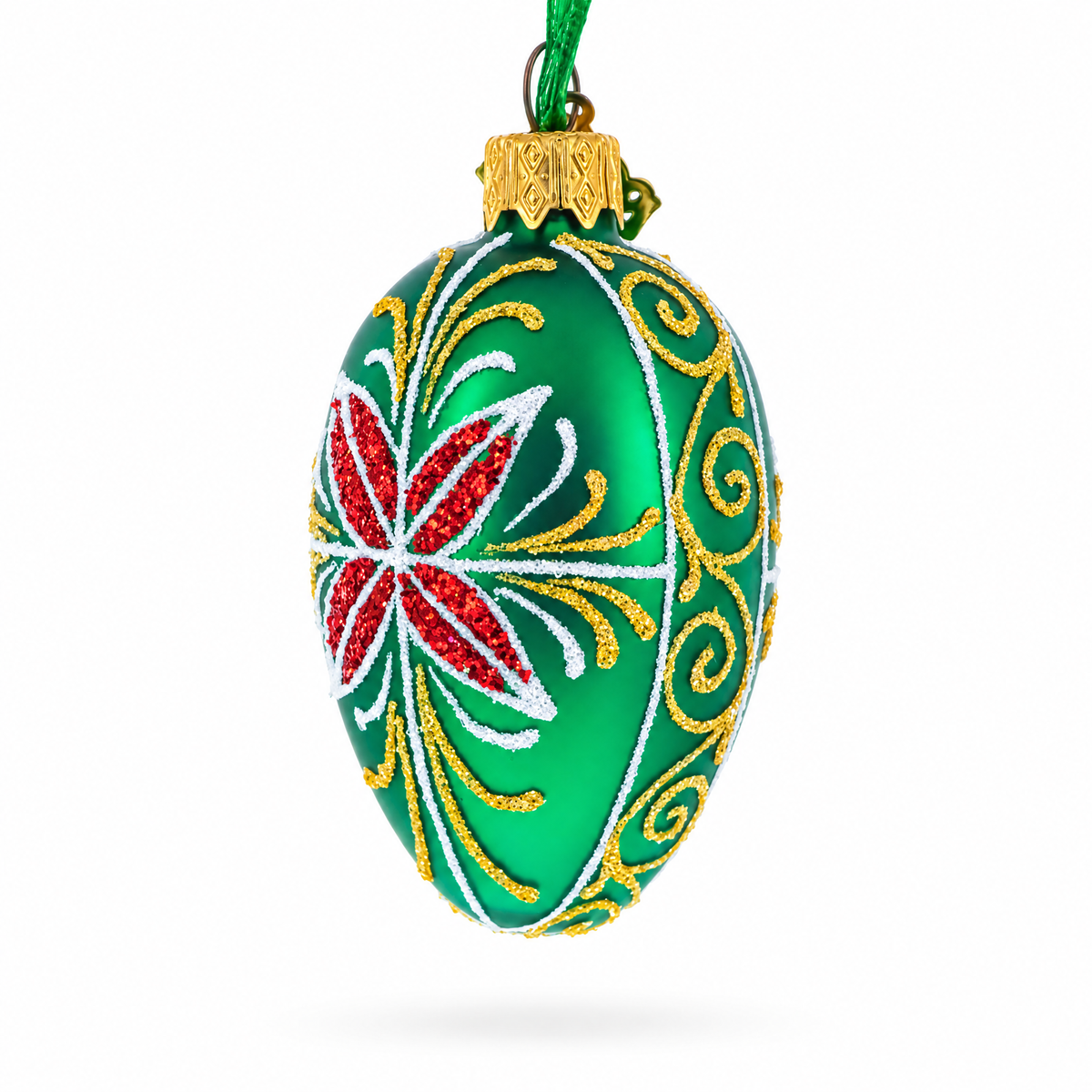 Emerald Green with Red and Gold Floral Mini Glass Egg Ornament 2.9 Inches