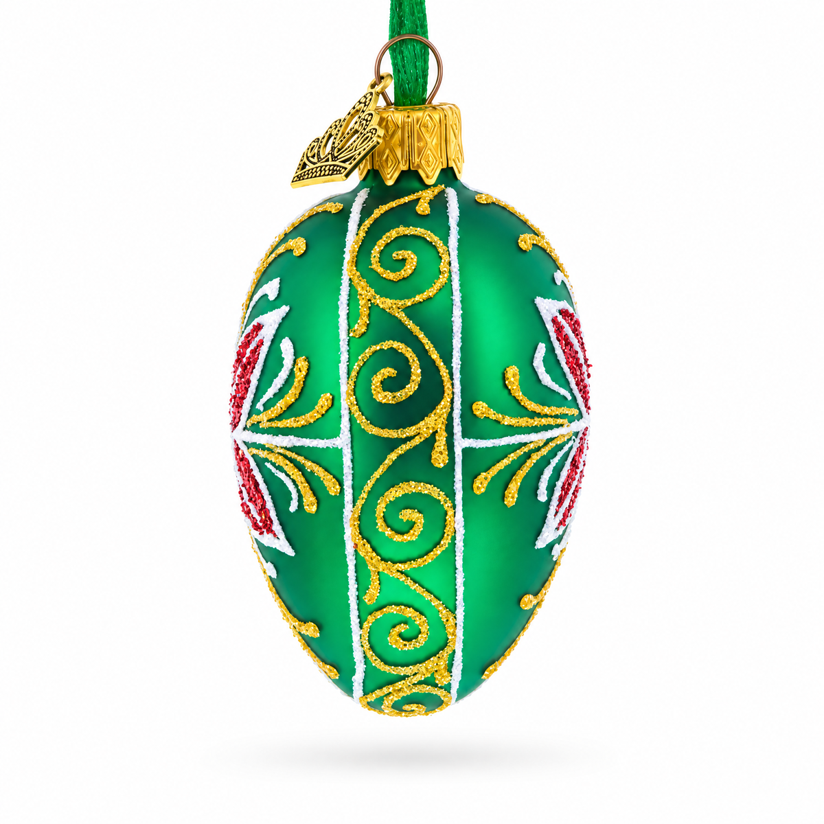 Emerald Green with Red and Gold Floral Mini Glass Egg Ornament 2.9 Inches