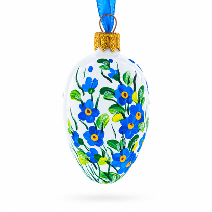 White with Blue Floral and Green Leaf Accents Mini Glass Egg Ornament 2.9 Inches