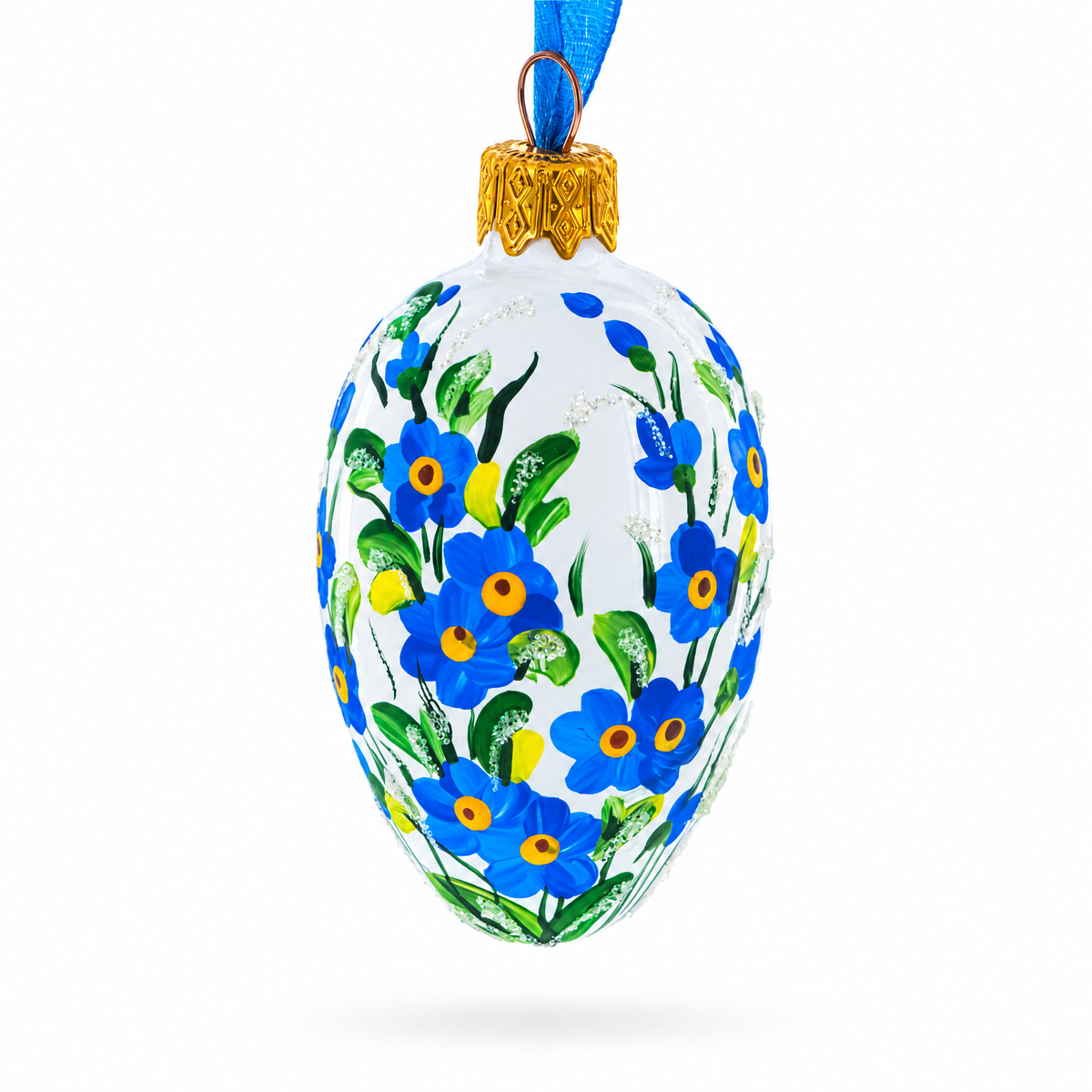 White with Blue Floral and Green Leaf Accents Mini Glass Egg Ornament 2.9 Inches