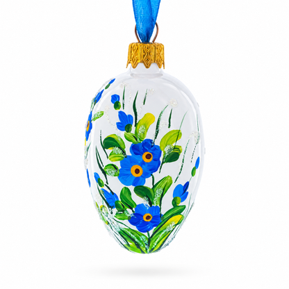 White with Blue Floral and Green Leaf Accents Mini Glass Egg Ornament 2.9 Inches