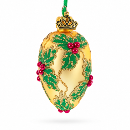 Golden with Holly Leaf and Red Berry Accents Mini Glass Egg Ornament 2.9 Inches