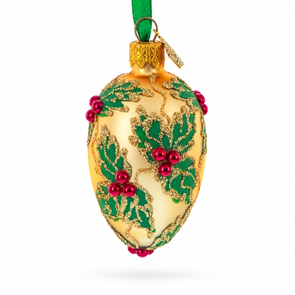 Golden with Holly Leaf and Red Berry Accents Mini Glass Egg Ornament 2.9 Inches