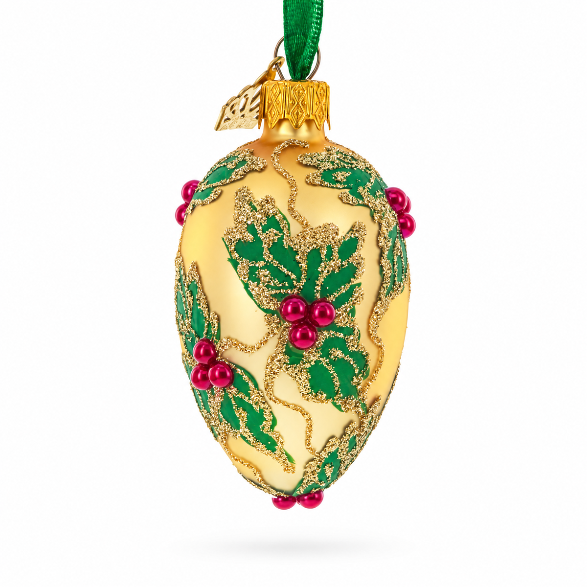Golden with Holly Leaf and Red Berry Accents Mini Glass Egg Ornament 2.9 Inches