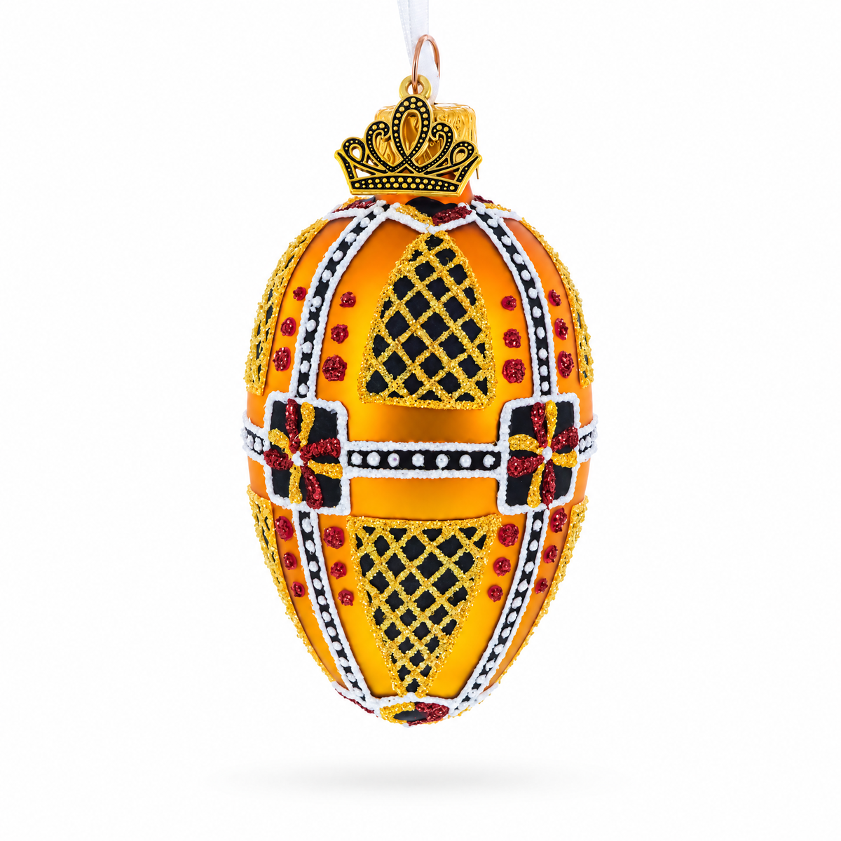 Amber with Red, Black, and Gold Geometric Pattern Mini Glass Egg Ornament 2.9 Inches