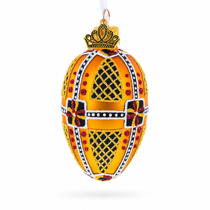 Amber with Red, Black, and Gold Geometric Pattern Mini Glass Egg Ornament 2.9 Inches