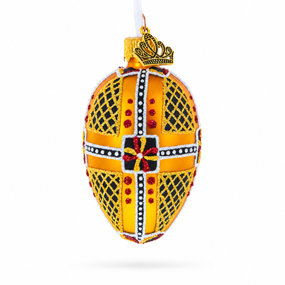 Amber with Red, Black, and Gold Geometric Pattern Mini Glass Egg Ornament 2.9 Inches