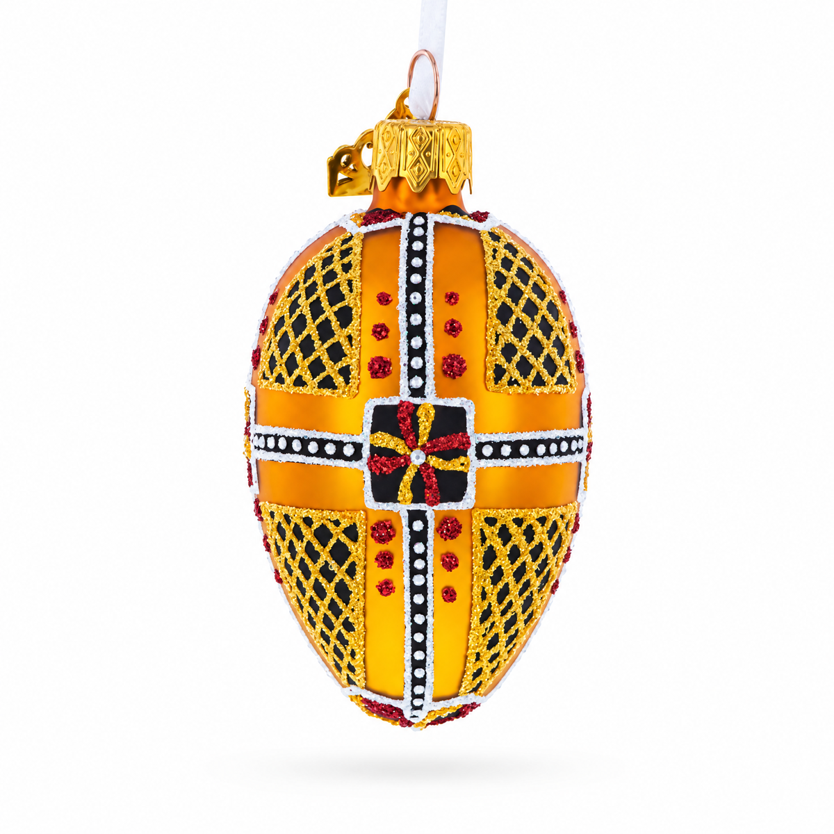 Amber with Red, Black, and Gold Geometric Pattern Mini Glass Egg Ornament 2.9 Inches