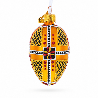 Amber with Red, Black, and Gold Geometric Pattern Mini Glass Egg Ornament 2.9 Inches
