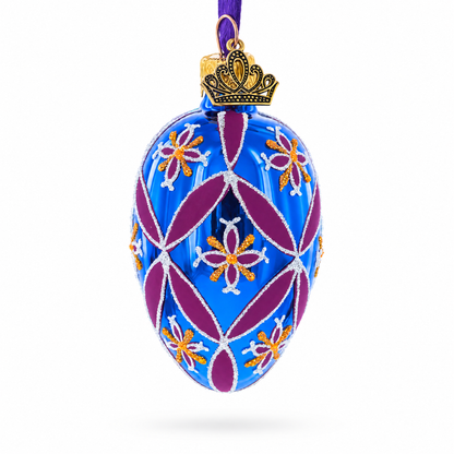 Cobalt Blue with Pink and Yellow Floral Pattern Mini Glass Egg Ornament 2.9 Inches