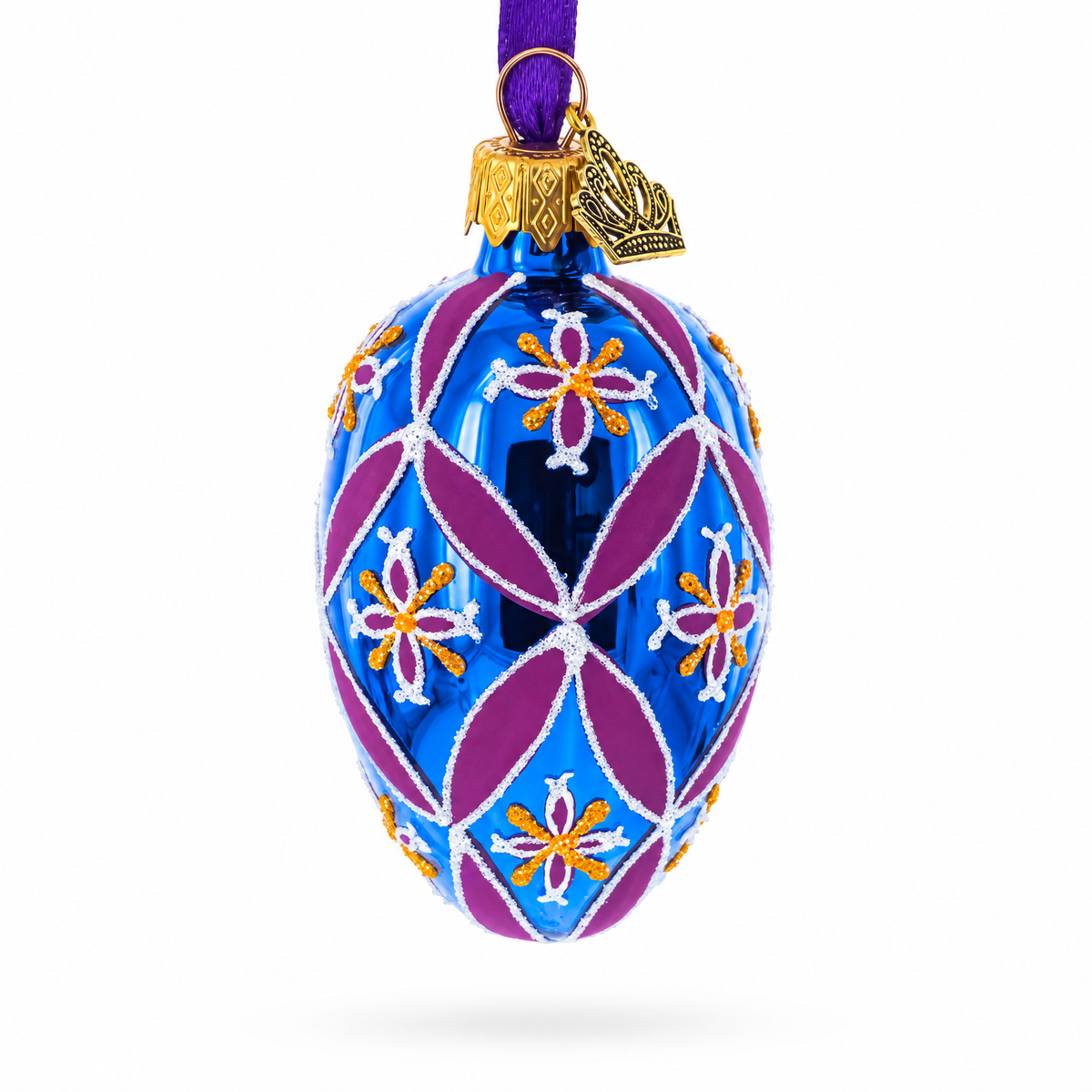 Cobalt Blue with Pink and Yellow Floral Pattern Mini Glass Egg Ornament 2.9 Inches