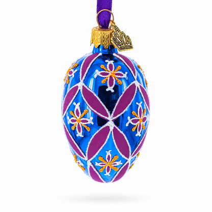 Cobalt Blue with Pink and Yellow Floral Pattern Mini Glass Egg Ornament 2.9 Inches