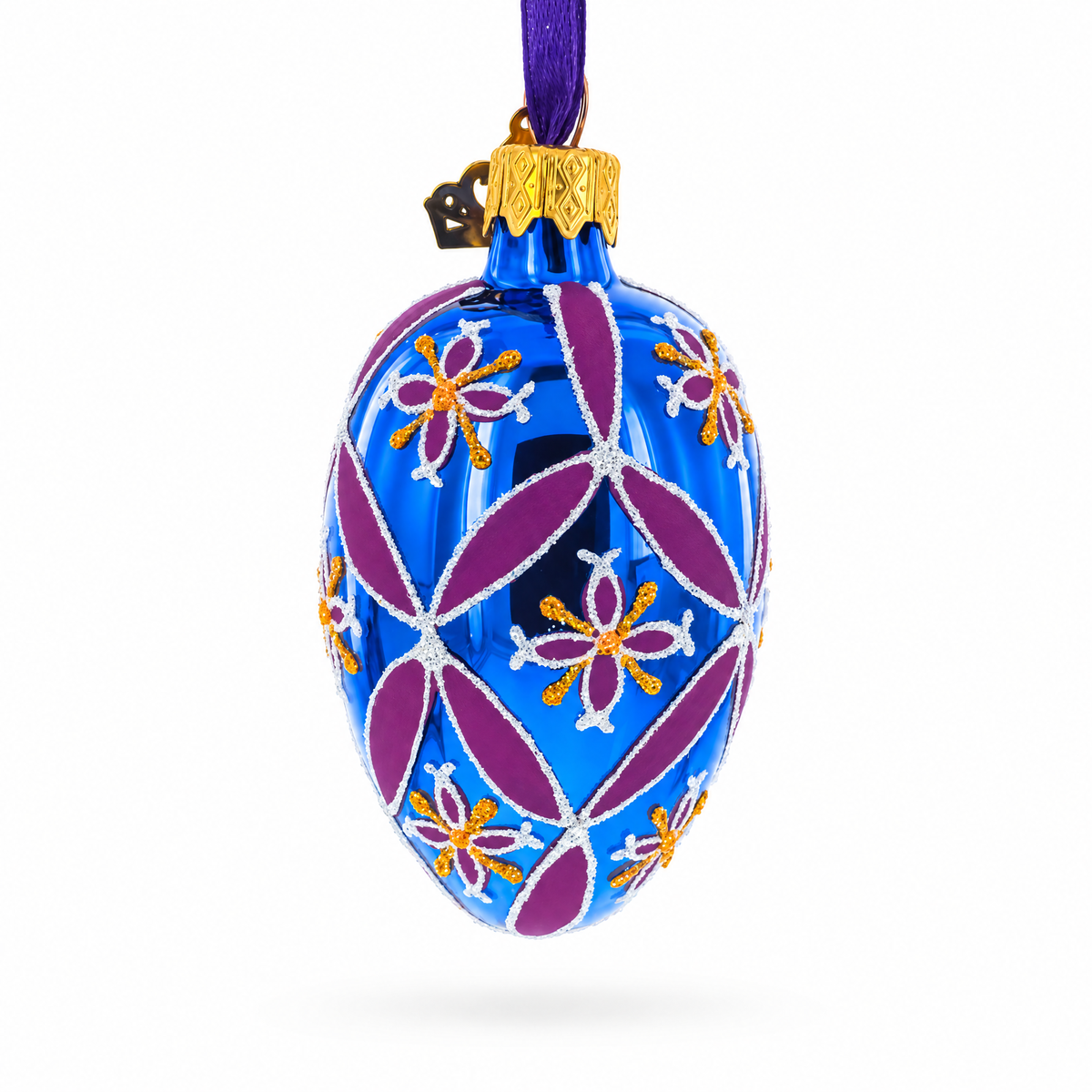 Cobalt Blue with Pink and Yellow Floral Pattern Mini Glass Egg Ornament 2.9 Inches