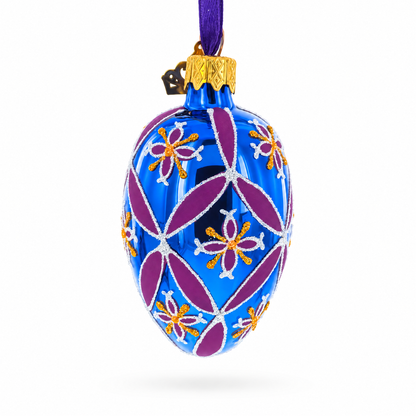 Cobalt Blue with Pink and Yellow Floral Pattern Mini Glass Egg Ornament 2.9 Inches