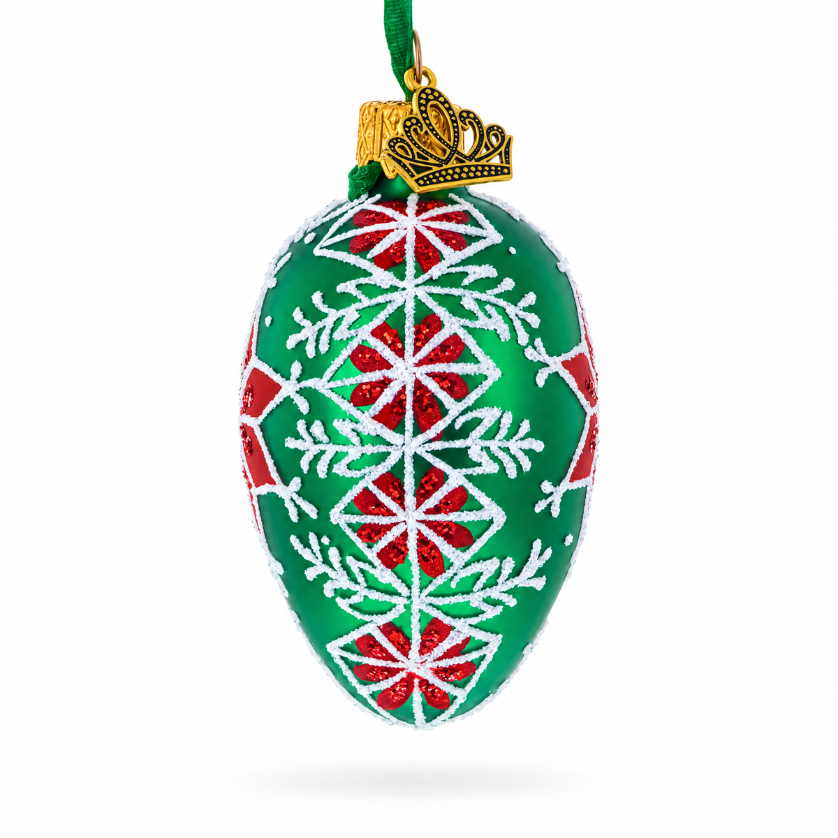 Festive Green with Red and White Snowflake Pattern Mini Glass Egg Ornament 2.9 Inches