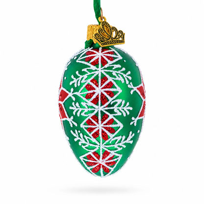 Festive Green with Red and White Snowflake Pattern Mini Glass Egg Ornament 2.9 Inches
