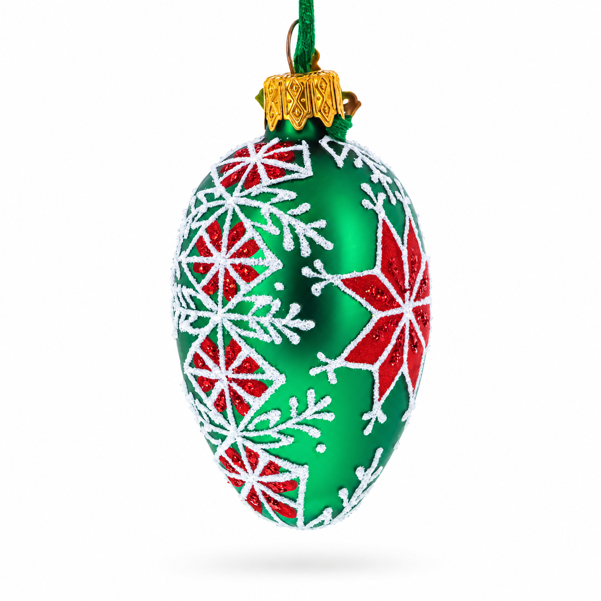 Festive Green with Red and White Snowflake Pattern Mini Glass Egg Ornament 2.9 Inches