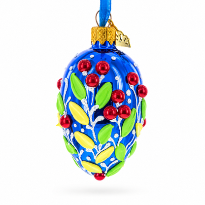Shiny Blue with Red Berry and Green Leaf Accents Mini Glass Egg Ornament 2.9 Inches
