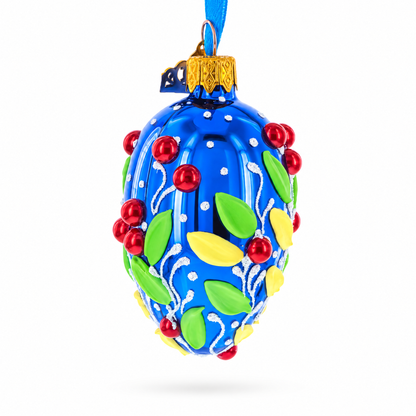Shiny Blue with Red Berry and Green Leaf Accents Mini Glass Egg Ornament 2.9 Inches