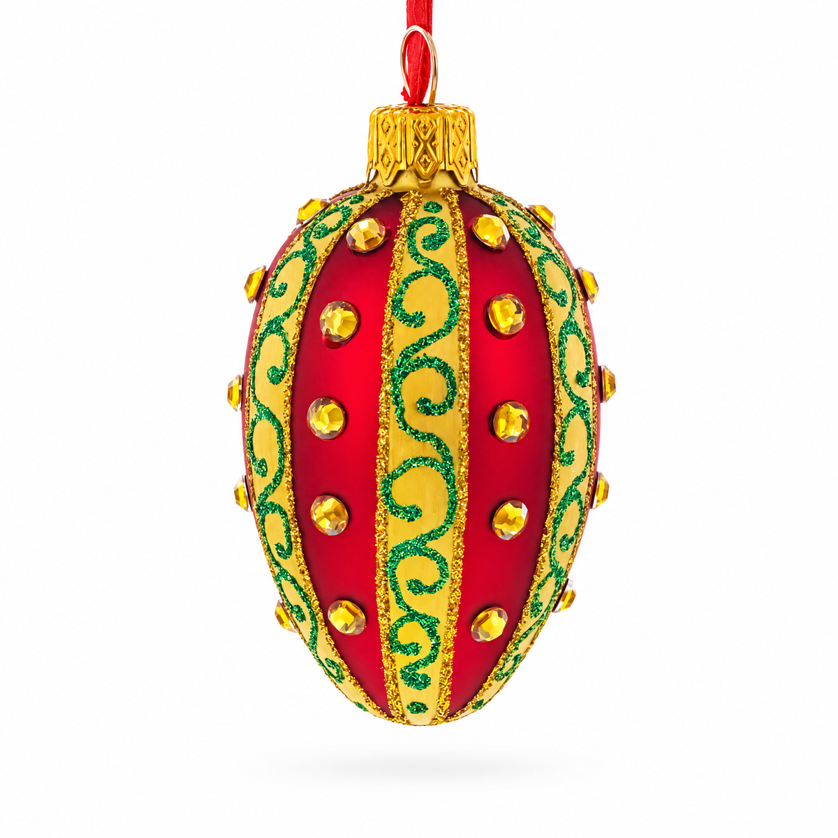 Red and Gold with Green Swirls and Jewel Accents Mini Glass Egg Ornament 2.9 Inches
