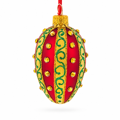 Red and Gold with Green Swirls and Jewel Accents Mini Glass Egg Ornament 2.9 Inches